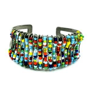 Vintage Women's Wide Cuff Bracelet Woven Wire Beaded Multicolor Boho 6.25"